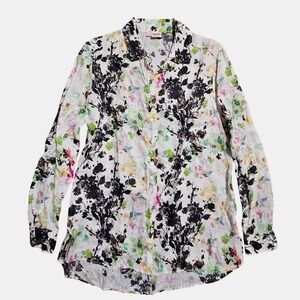 Tianello Quito Print Garment Dyed Linen Button Up Top Floral Tunic XS Watercolor